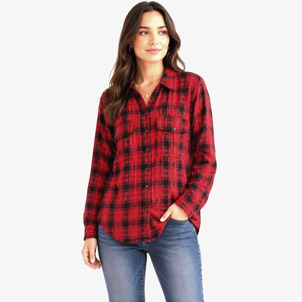 Maurices Womens Red Plaid Black Pearl Snap Button Up Western‎ Shirt Top L 1177T3